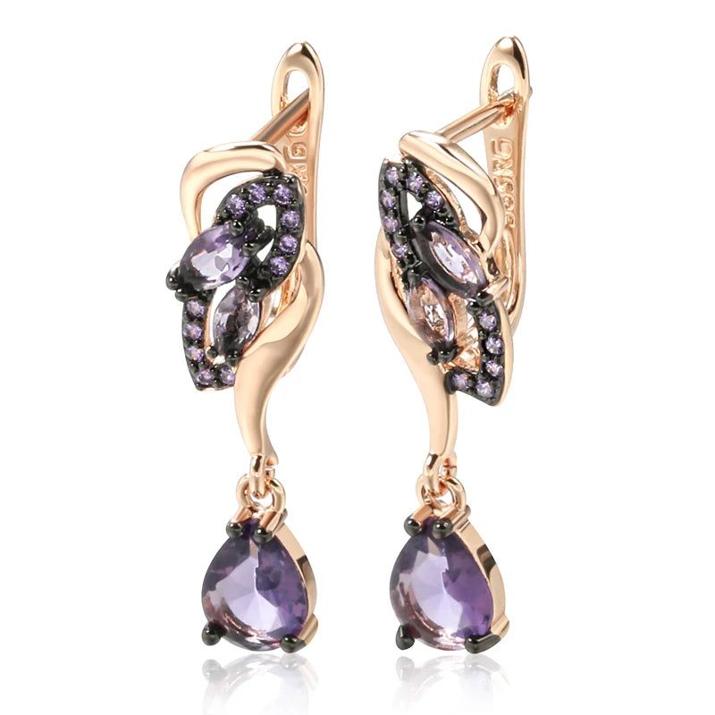 Exquisite Vintage Long Drop Earrings with Hot Purple Natural Zircon in 585 Rose Gold and Black Plating