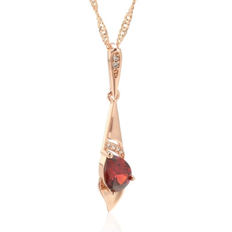 Exquisite Vintage Long Pendant Necklace in 585 Rose Gold with Red Natural Zircon