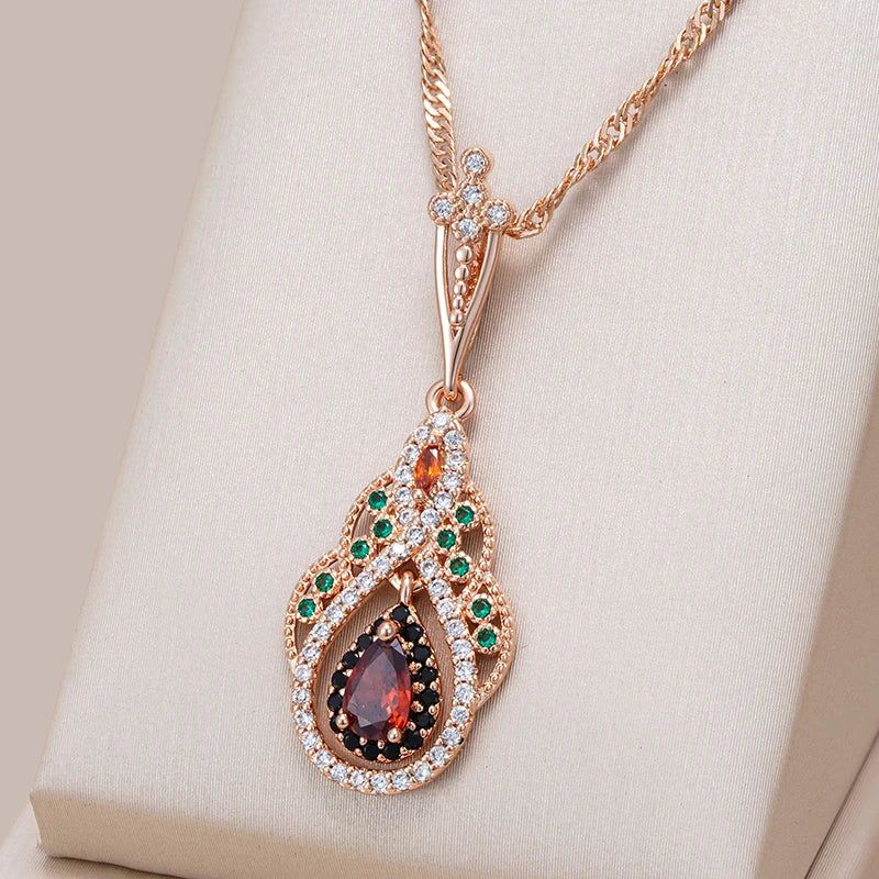 Exquisite Vintage Rose Gold Crystal Flower Pendant Necklace with Red Natural Zircon