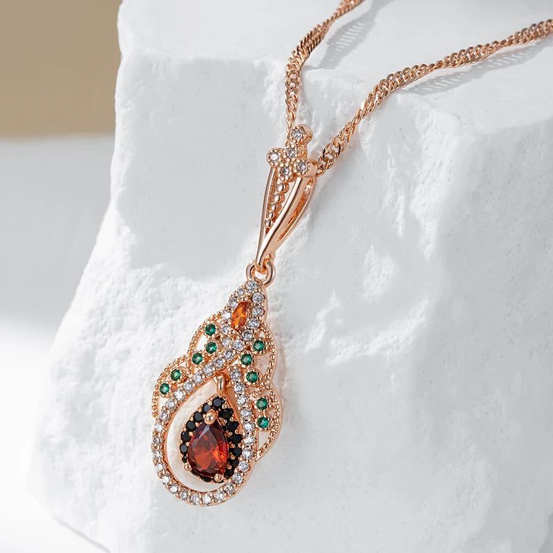 Exquisite Vintage Rose Gold Crystal Flower Pendant Necklace with Red Natural Zircon