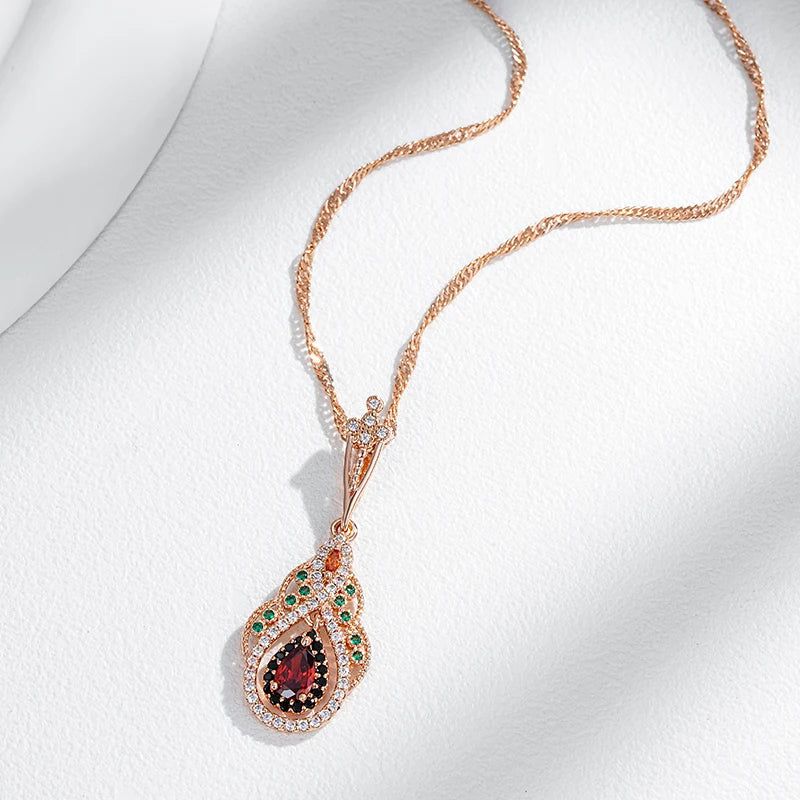 Exquisite Vintage Rose Gold Crystal Flower Pendant Necklace with Red Natural Zircon