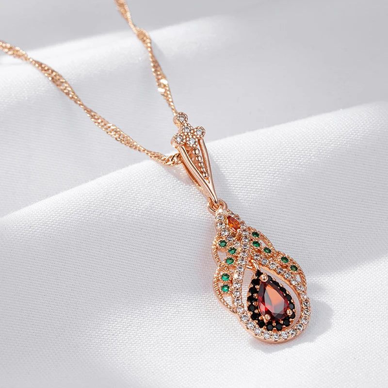 Exquisite Vintage Rose Gold Crystal Flower Pendant Necklace with Red Natural Zircon