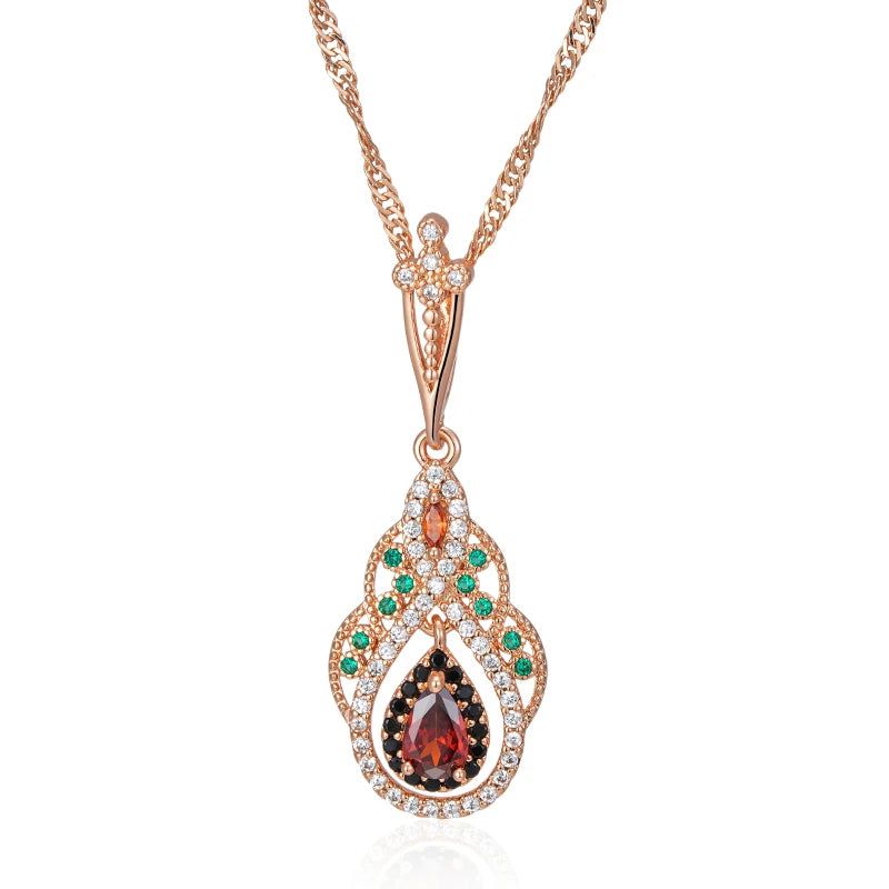 Exquisite Vintage Rose Gold Crystal Flower Pendant Necklace with Red Natural Zircon