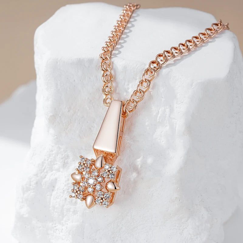 Fashionable 585 Rose Gold Crystal Flower Pendant Necklace with Natural Zircon Accents