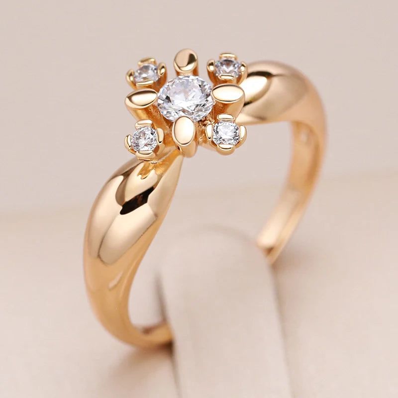 Fashionable 585 Rose Gold Crystal Flower Ring with Natural Zircon Accents