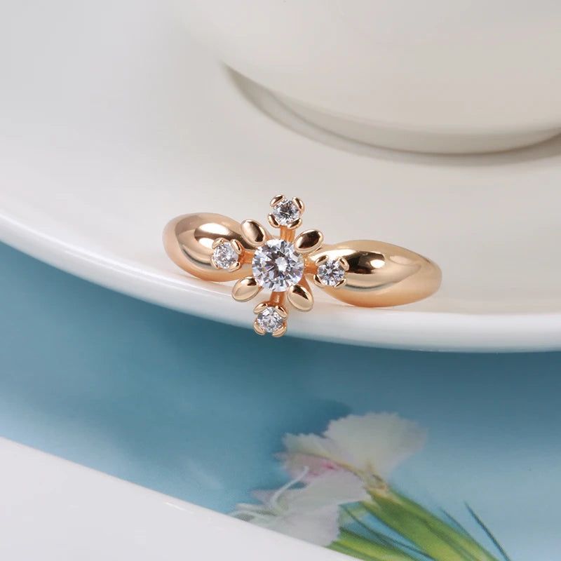 Fashionable 585 Rose Gold Crystal Flower Ring with Natural Zircon Accents