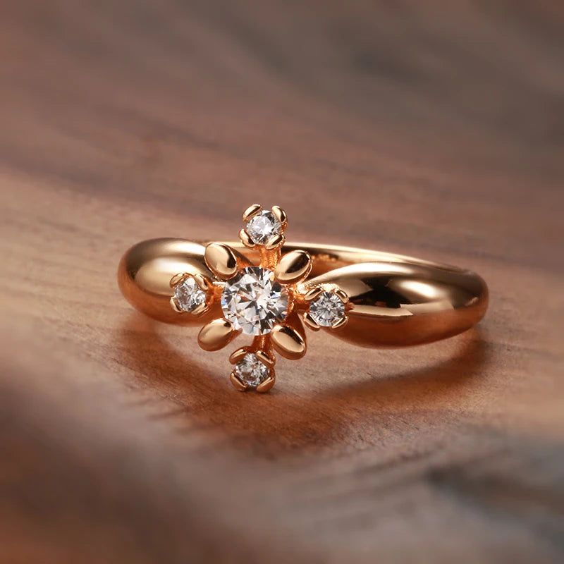 Fashionable 585 Rose Gold Crystal Flower Ring with Natural Zircon Accents