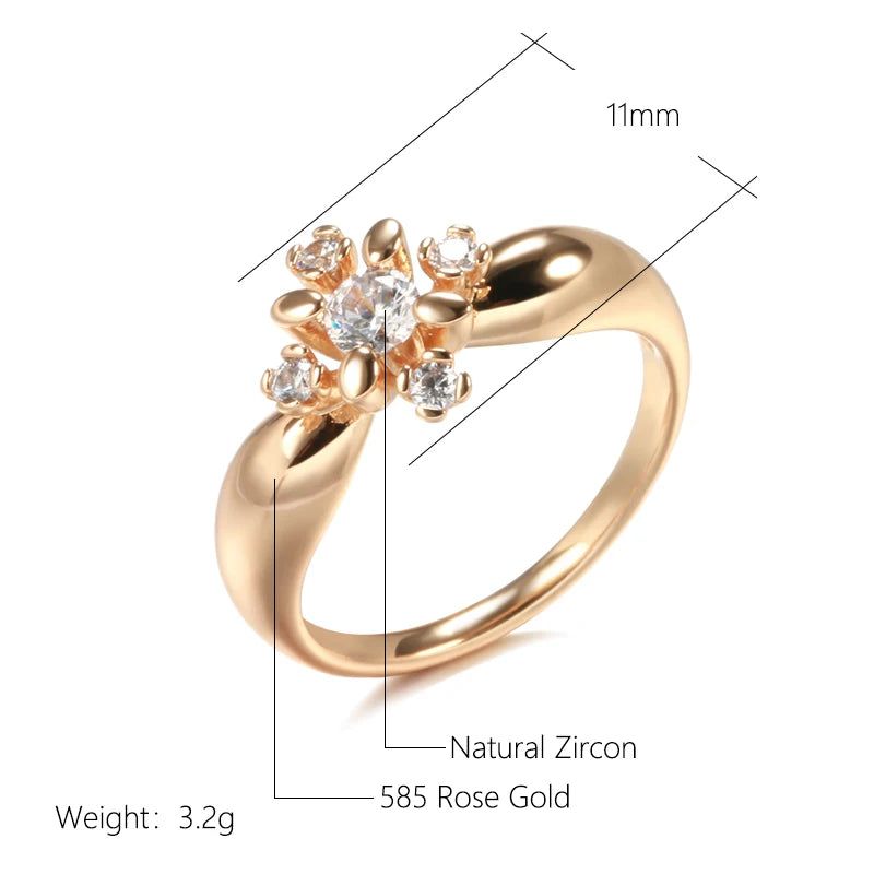 Fashionable 585 Rose Gold Crystal Flower Ring with Natural Zircon Accents