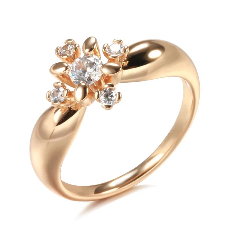 Fashionable 585 Rose Gold Crystal Flower Ring with Natural Zircon Accents