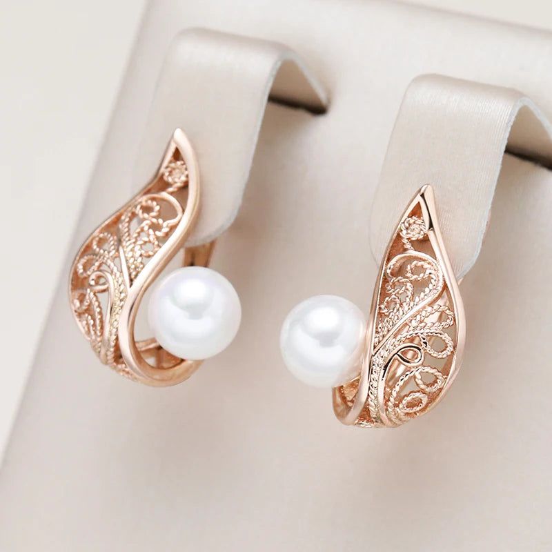 Fashionable 585 Rose Gold Dangle Earrings with Hollow Flower Design and White Shell Pearl Accents for Bridal and Special Occasions