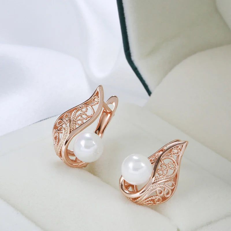 Fashionable 585 Rose Gold Dangle Earrings with Hollow Flower Design and White Shell Pearl Accents for Bridal and Special Occasions