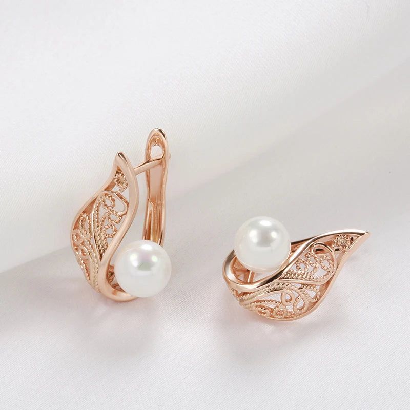 Fashionable 585 Rose Gold Dangle Earrings with Hollow Flower Design and White Shell Pearl Accents for Bridal and Special Occasions