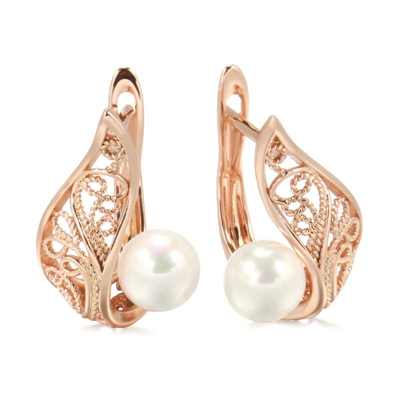 Fashionable 585 Rose Gold Dangle Earrings with Hollow Flower Design and White Shell Pearl Accents for Bridal and Special Occasions