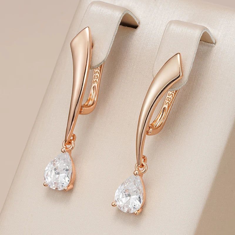 Fashionable 585 Rose Gold Dangle Earrings with Natural Zircon Water Drop Pendant