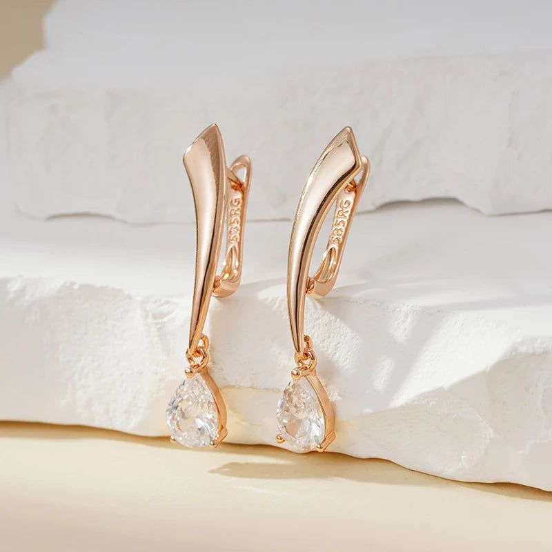 Fashionable 585 Rose Gold Dangle Earrings with Natural Zircon Water Drop Pendant