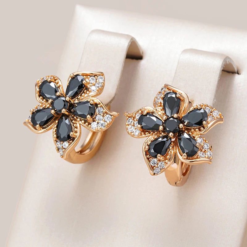 Fashionable 585 Rose Gold Dark Zircon Crystal Hoop Earrings with Inlay Charms