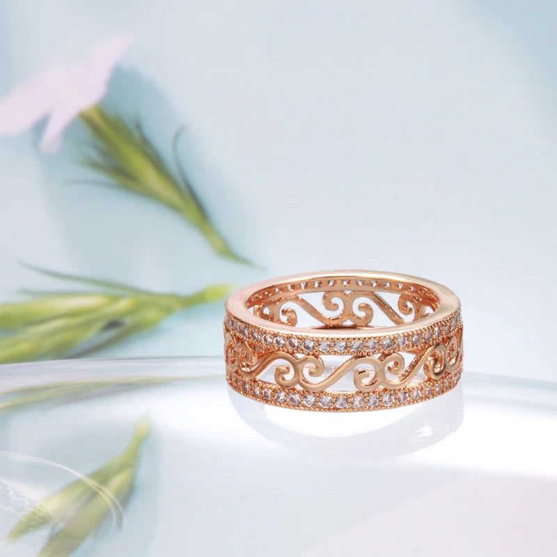 Fashionable 585 Rose Gold Double Row Hollow Flower Ring with Natural Zircon Inlay