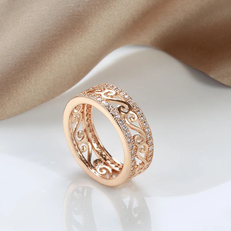 Fashionable 585 Rose Gold Double Row Hollow Flower Ring with Natural Zircon Inlay