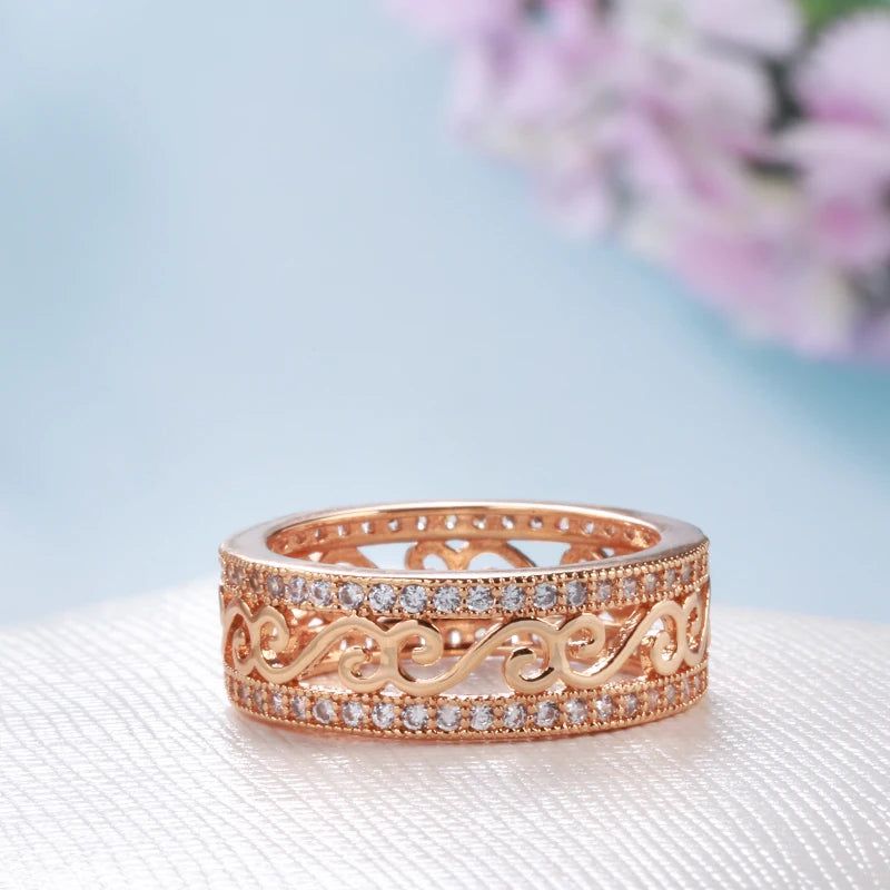 Fashionable 585 Rose Gold Double Row Hollow Flower Ring with Natural Zircon Inlay