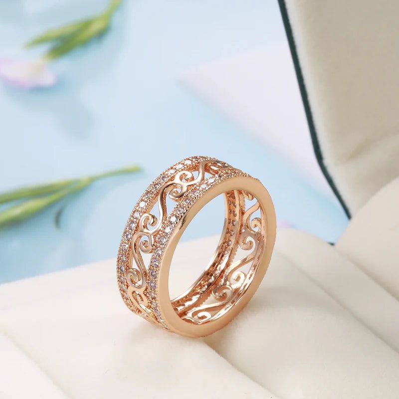 Fashionable 585 Rose Gold Double Row Hollow Flower Ring with Natural Zircon Inlay