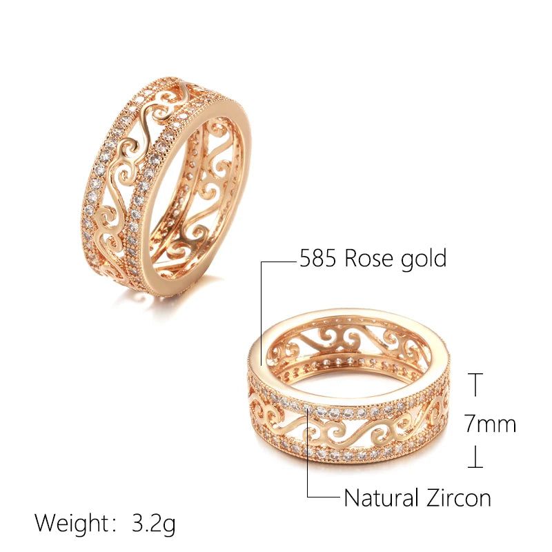 Fashionable 585 Rose Gold Double Row Hollow Flower Ring with Natural Zircon Inlay