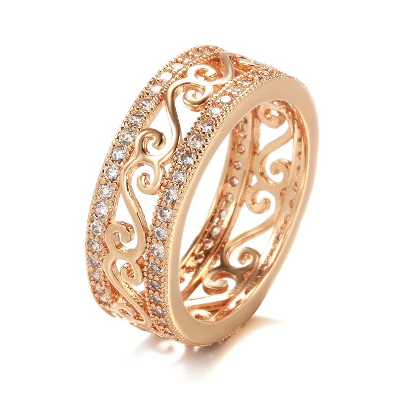 Fashionable 585 Rose Gold Double Row Hollow Flower Ring with Natural Zircon Inlay