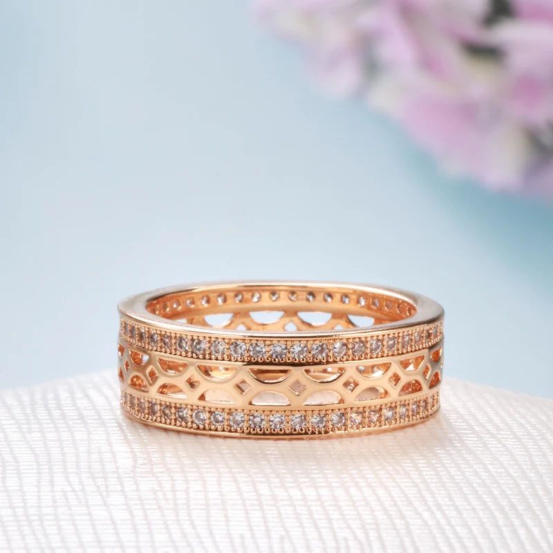 Fashionable 585 Rose Gold Double Row Natural Zircon Flower Cocktail Ring