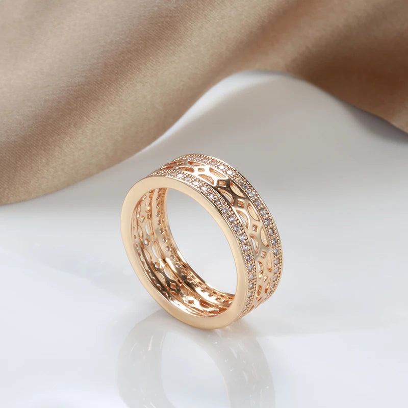 Fashionable 585 Rose Gold Double Row Natural Zircon Flower Cocktail Ring