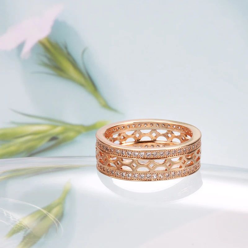 Fashionable 585 Rose Gold Double Row Natural Zircon Flower Cocktail Ring