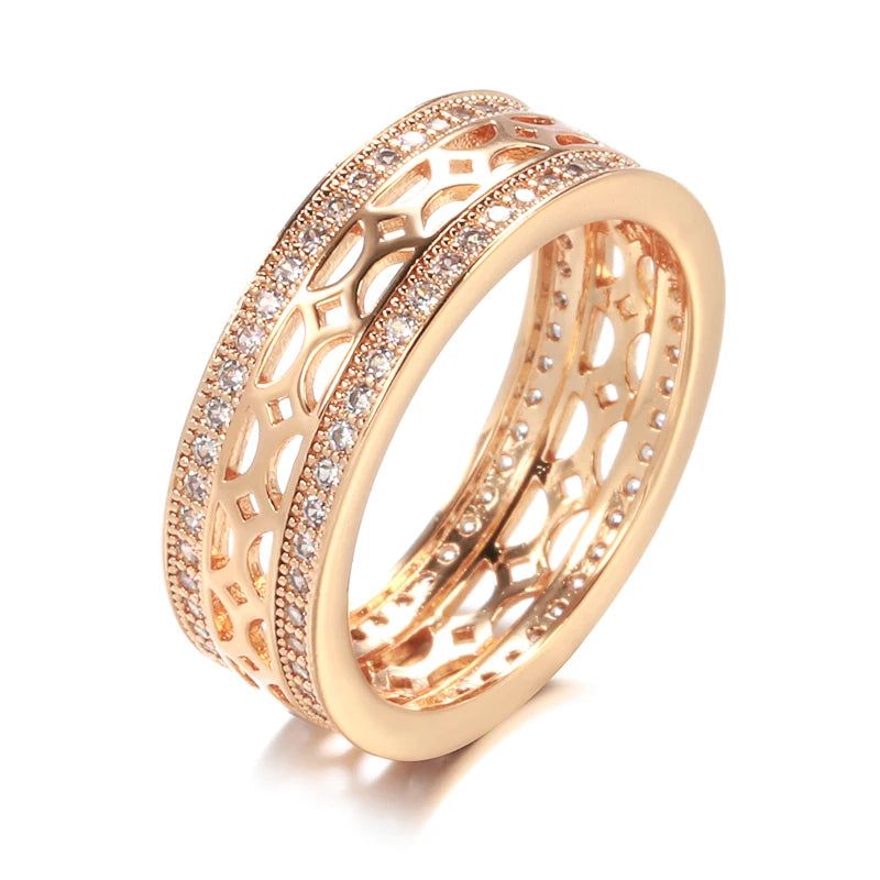 Fashionable 585 Rose Gold Double Row Natural Zircon Flower Cocktail Ring