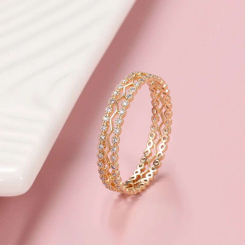 Fashionable 585 Rose Gold Double Row Ring with Natural Zircon Inlay Jewelry