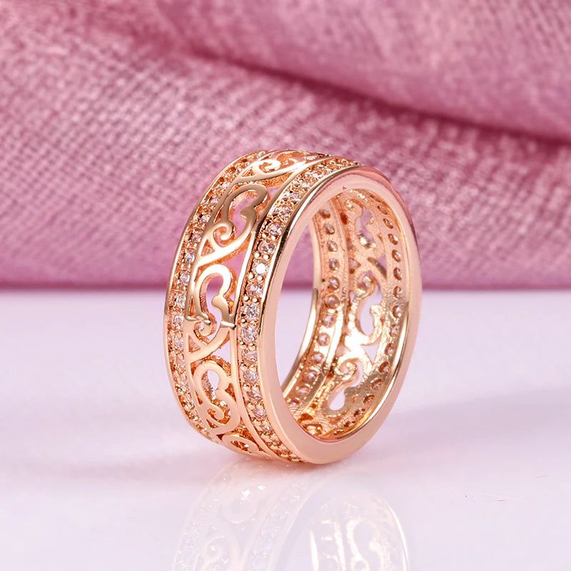 Fashionable 585 Rose Gold Double Row Zircon Hollow Cocktail Ring