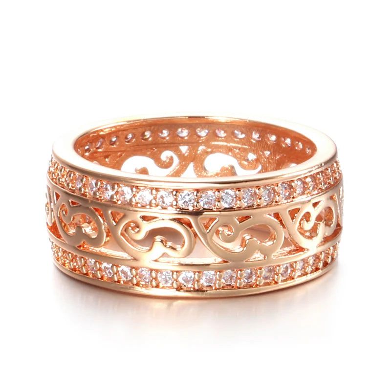 Fashionable 585 Rose Gold Double Row Zircon Hollow Cocktail Ring