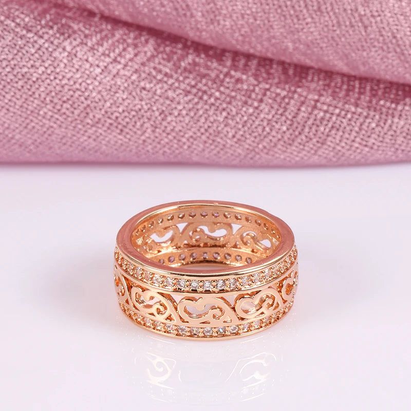 Fashionable 585 Rose Gold Double Row Zircon Hollow Cocktail Ring