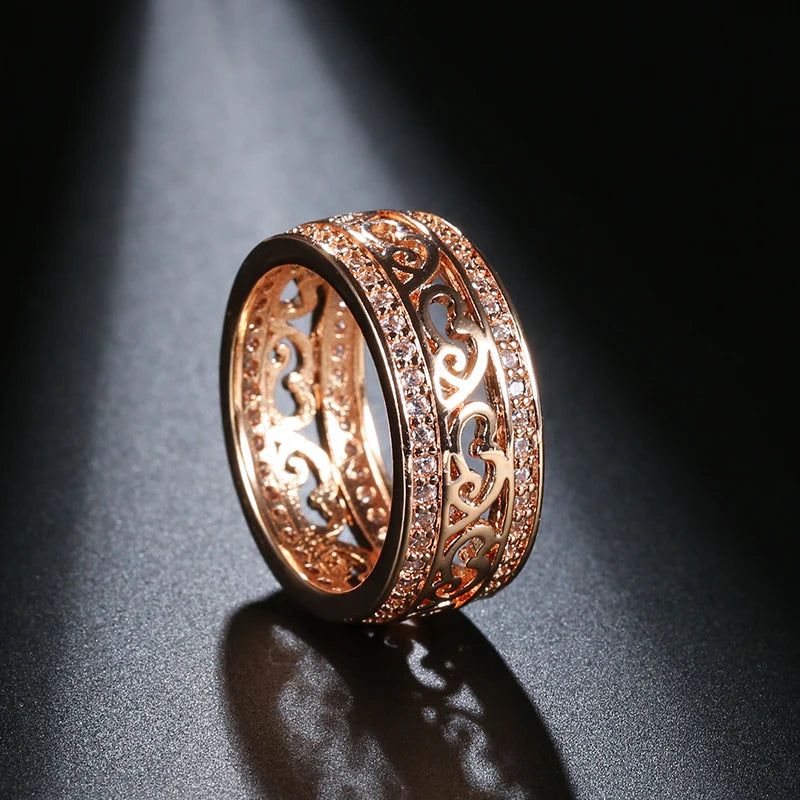 Fashionable 585 Rose Gold Double Row Zircon Hollow Cocktail Ring