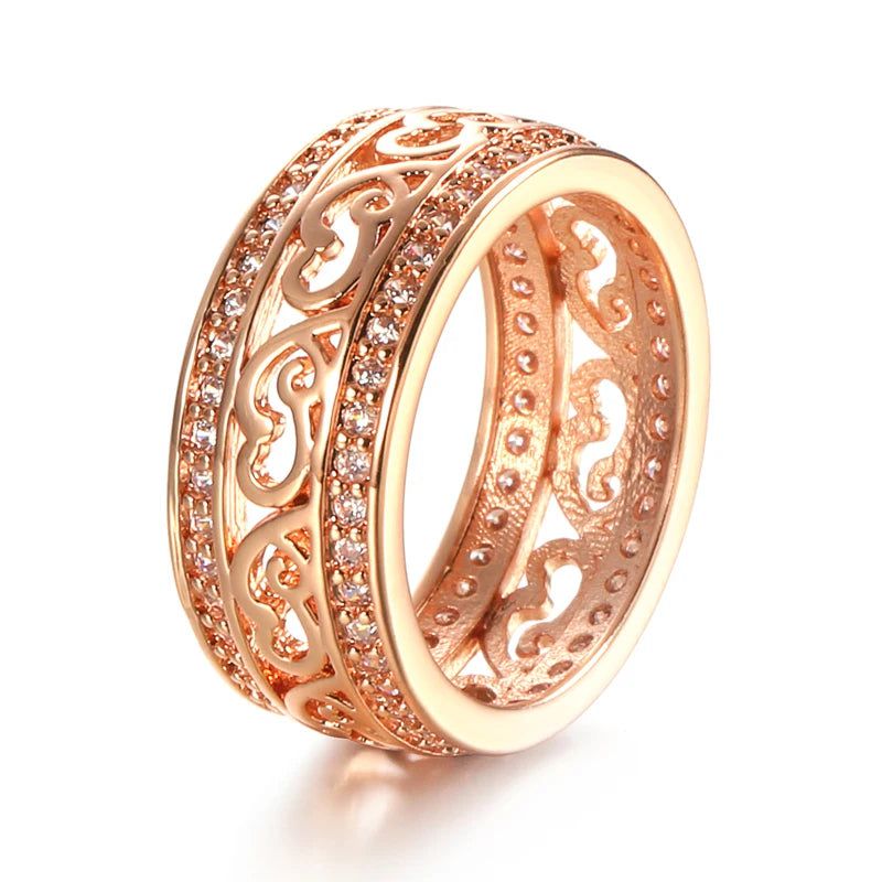 Fashionable 585 Rose Gold Double Row Zircon Hollow Cocktail Ring