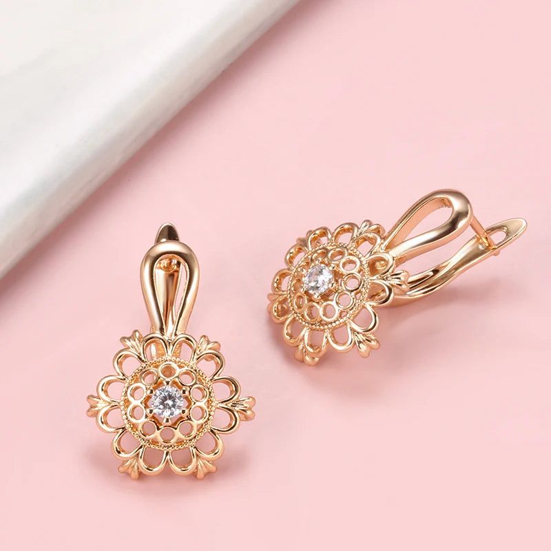 Fashionable 585 Rose Gold Drop Earrings with Natural Zircon and Crystal Floral Design