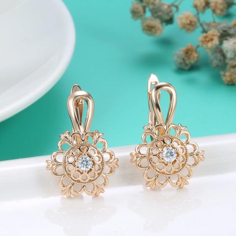 Fashionable 585 Rose Gold Drop Earrings with Natural Zircon and Crystal Floral Design