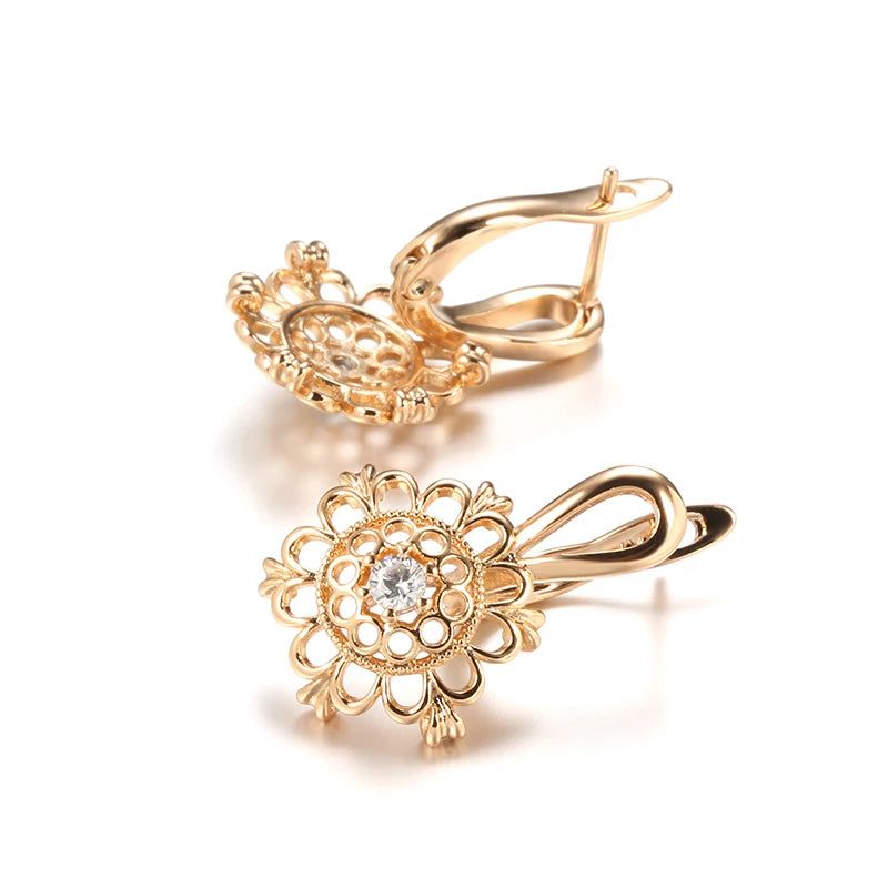 Fashionable 585 Rose Gold Drop Earrings with Natural Zircon and Crystal Floral Design