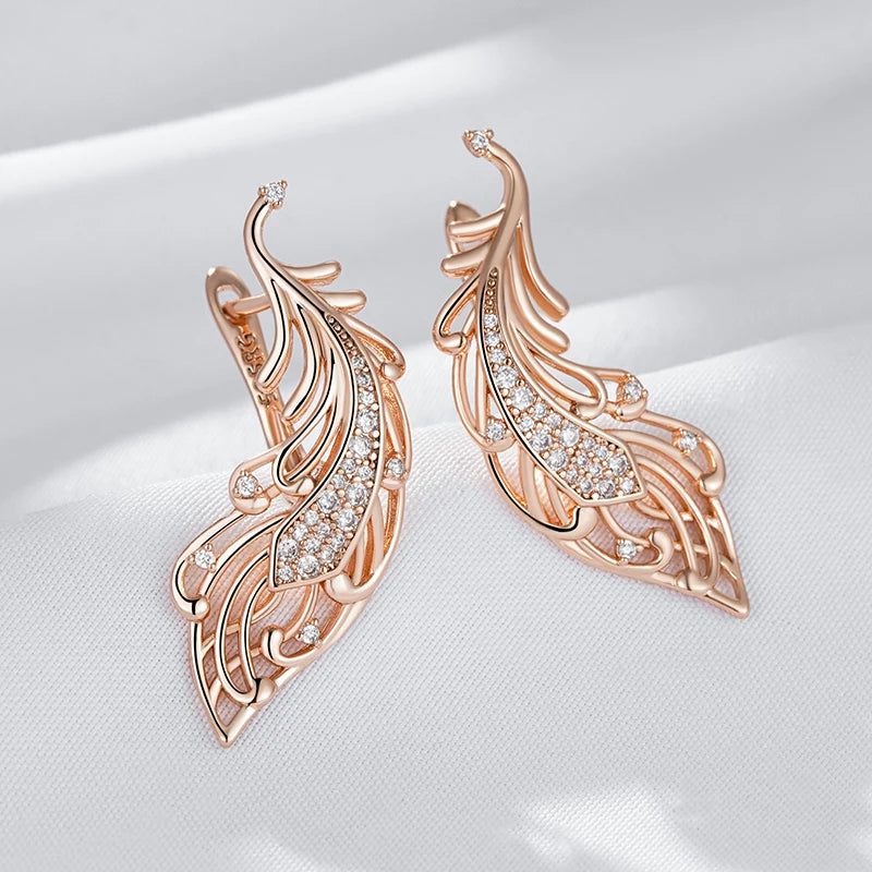 Fashionable 585 Rose Gold Drop Earrings with Natural Zircon and Crystal Floral Design