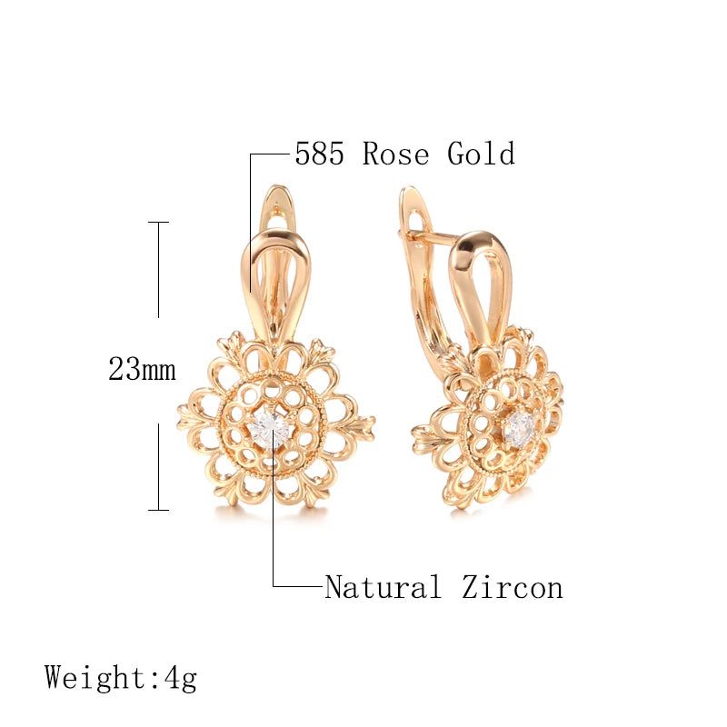 Fashionable 585 Rose Gold Drop Earrings with Natural Zircon and Crystal Floral Design