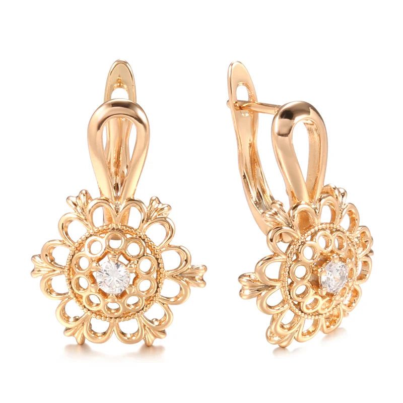 Fashionable 585 Rose Gold Drop Earrings with Natural Zircon and Crystal Floral Design