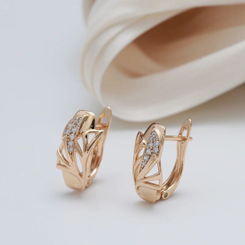 Fashionable 585 Rose Gold Drop Earrings with Natural Zircon in Geometric Hollow Design