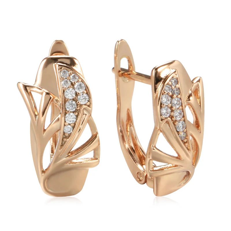 Fashionable 585 Rose Gold Drop Earrings with Natural Zircon in Geometric Hollow Design