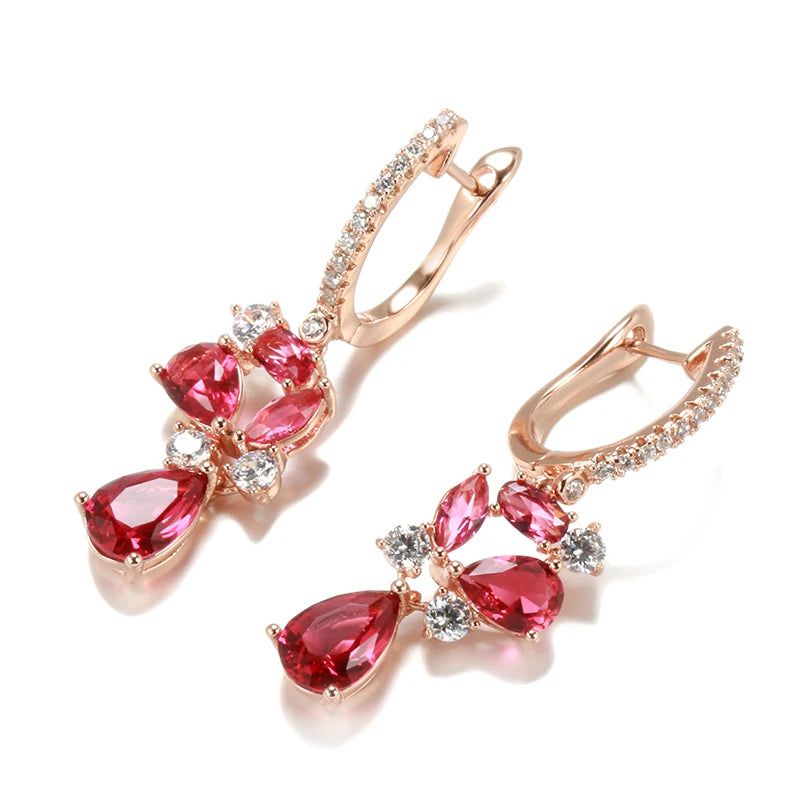 Fashionable 585 Rose Gold Drop Earrings with Red Natural Zircon and Crystal Flower Design