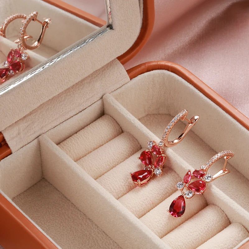 Fashionable 585 Rose Gold Drop Earrings with Red Natural Zircon and Crystal Flower Design