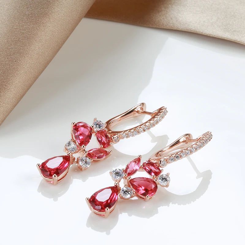 Fashionable 585 Rose Gold Drop Earrings with Red Natural Zircon and Crystal Flower Design