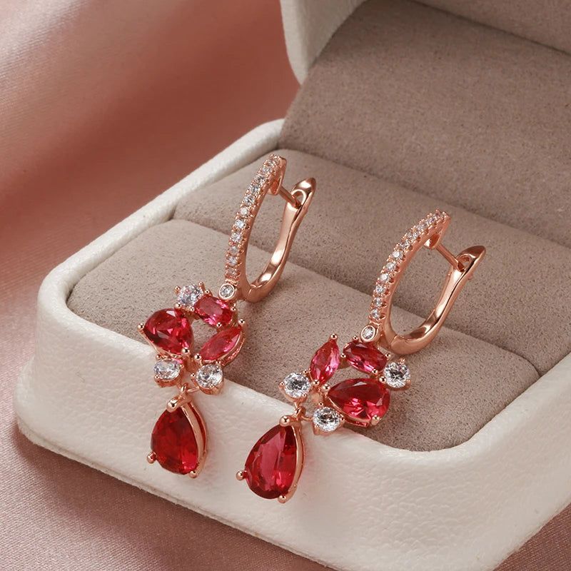 Fashionable 585 Rose Gold Drop Earrings with Red Natural Zircon and Crystal Flower Design