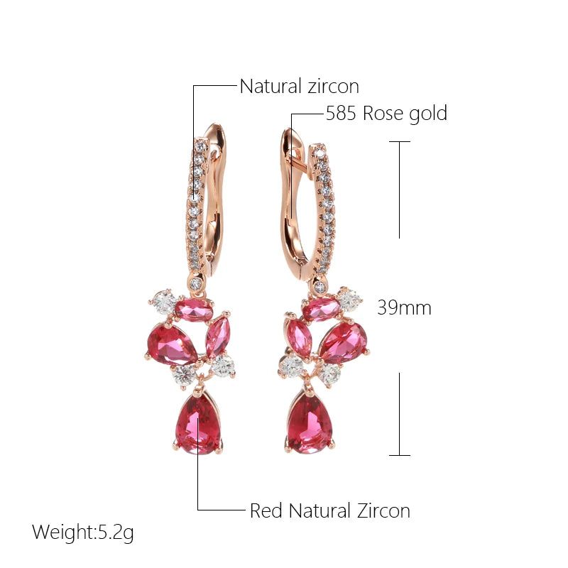 Fashionable 585 Rose Gold Drop Earrings with Red Natural Zircon and Crystal Flower Design