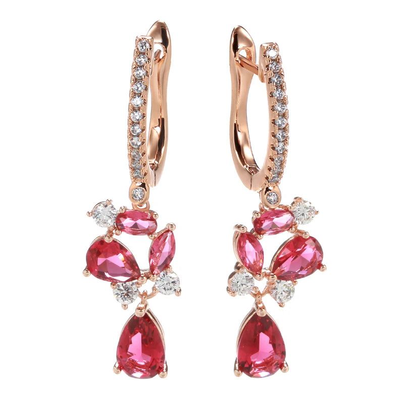 Fashionable 585 Rose Gold Drop Earrings with Red Natural Zircon and Crystal Flower Design